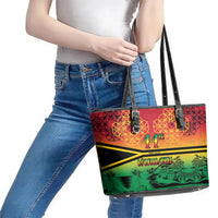Hapi 44th Indipendens Dei Vanuatu Leather Tote Bag Yumi 1980 with Vanuatuan Beach Landscape LT9 - Polynesian Pride