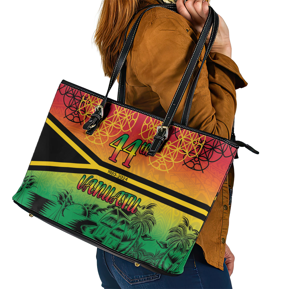 Hapi 44th Indipendens Dei Vanuatu Leather Tote Bag Yumi 1980 with Vanuatuan Beach Landscape LT9 - Polynesian Pride