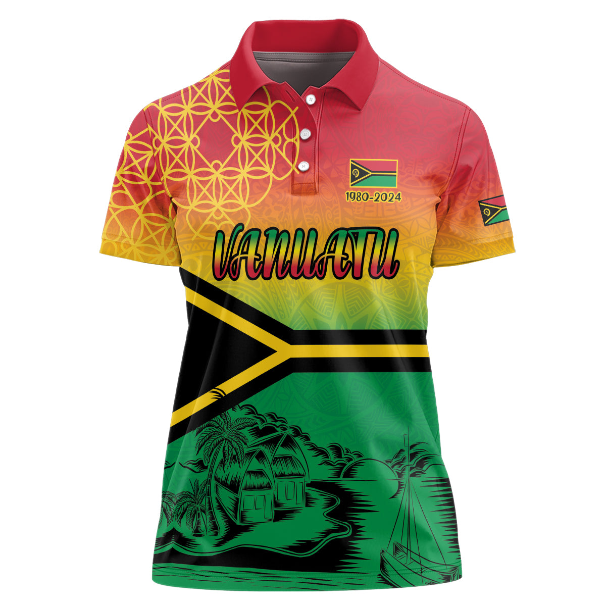 Hapi 44th Indipendens Dei Vanuatu Women Polo Shirt Yumi 1980 with Vanuatuan Beach Landscape