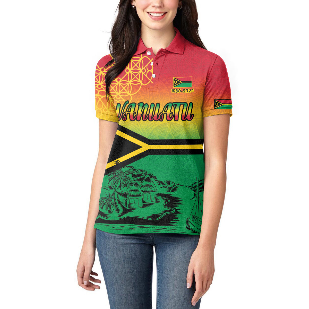Hapi 44th Indipendens Dei Vanuatu Women Polo Shirt Yumi 1980 with Vanuatuan Beach Landscape