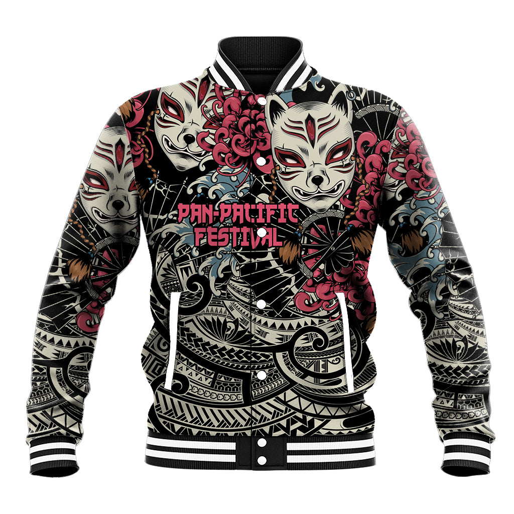 Personalized Japanese Kitsune Mask Baseball Jacket With Polynesian Arty Style