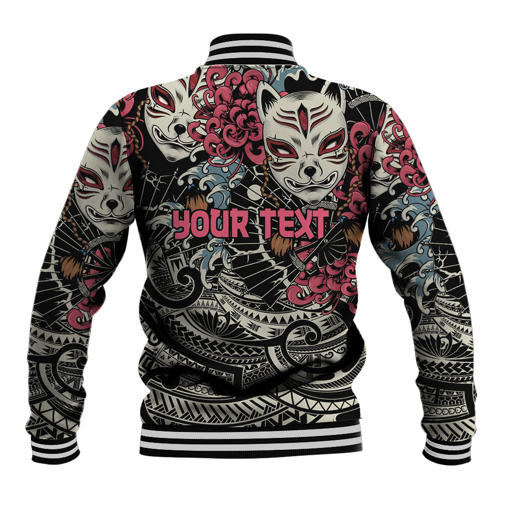 Personalized Japanese Kitsune Mask Baseball Jacket With Polynesian Arty Style