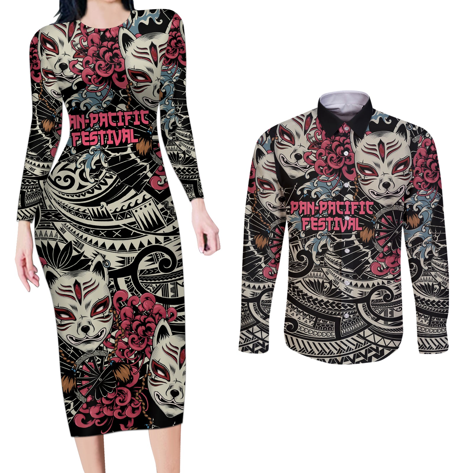 Personalized Japanese Kitsune Mask Couples Matching Long Sleeve Bodycon Dress and Long Sleeve Button Shirt With Polynesian Arty Style LT9 Black - Polynesian Pride