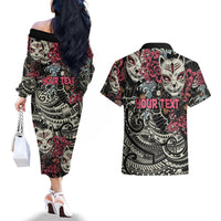 Personalized Japanese Kitsune Mask Couples Matching Off The Shoulder Long Sleeve Dress and Hawaiian Shirt With Polynesian Arty Style