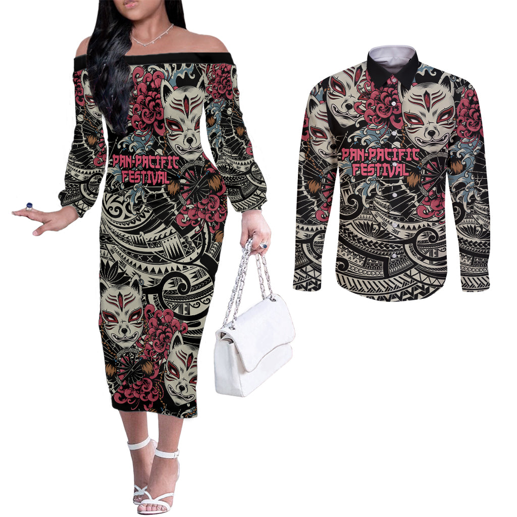 Personalized Japanese Kitsune Mask Couples Matching Off The Shoulder Long Sleeve Dress and Long Sleeve Button Shirt With Polynesian Arty Style LT9 Black - Polynesian Pride