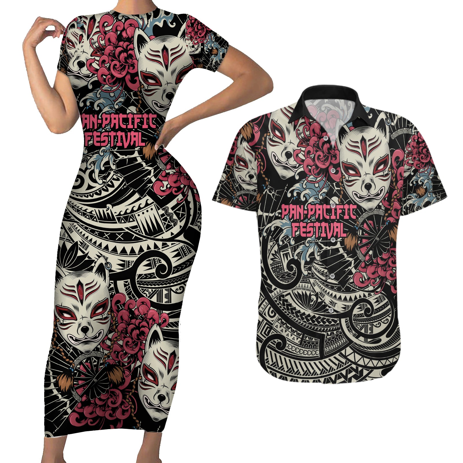 Personalized Japanese Kitsune Mask Couples Matching Short Sleeve Bodycon Dress and Hawaiian Shirt With Polynesian Arty Style