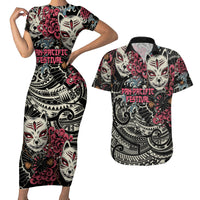 Personalized Japanese Kitsune Mask Couples Matching Short Sleeve Bodycon Dress and Hawaiian Shirt With Polynesian Arty Style