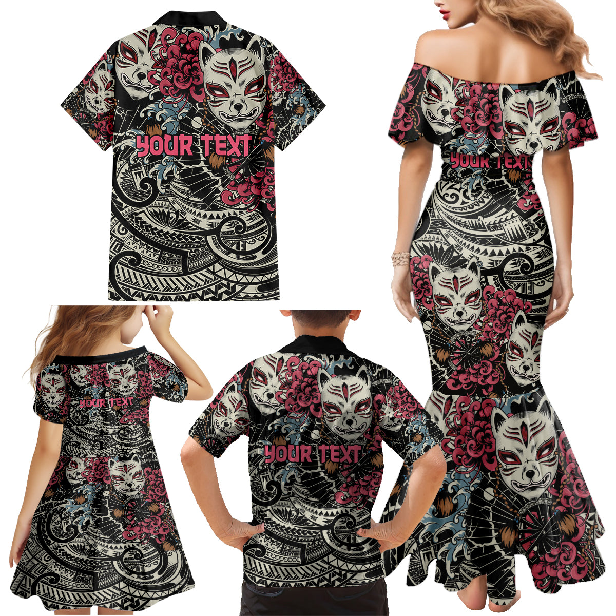 Personalized Japanese Kitsune Mask Family Matching Mermaid Dress and Hawaiian Shirt With Polynesian Arty Style LT9 - Polynesian Pride