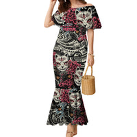 Personalized Japanese Kitsune Mask Family Matching Mermaid Dress and Hawaiian Shirt With Polynesian Arty Style LT9 Mom's Dress Black - Polynesian Pride
