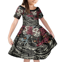 Personalized Japanese Kitsune Mask Family Matching Off Shoulder Maxi Dress and Hawaiian Shirt With Polynesian Arty Style LT9 Daughter's Dress Black - Polynesian Pride