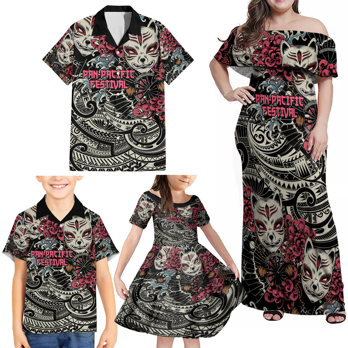 Personalized Japanese Kitsune Mask Family Matching Off Shoulder Maxi Dress and Hawaiian Shirt With Polynesian Arty Style LT9 - Polynesian Pride