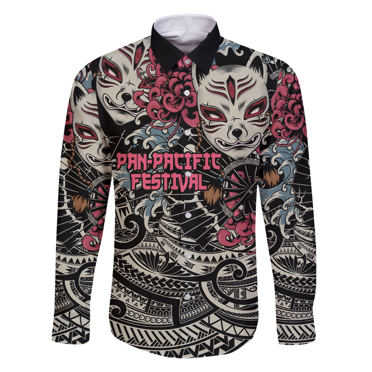 Personalized Japanese Kitsune Mask Family Matching Off Shoulder Maxi Dress and Hawaiian Shirt With Polynesian Arty Style LT9 Dad's Shirt - Long Sleeve Black - Polynesian Pride