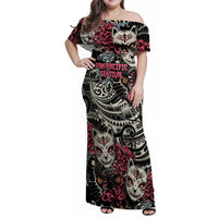Personalized Japanese Kitsune Mask Family Matching Off Shoulder Maxi Dress and Hawaiian Shirt With Polynesian Arty Style LT9 Mom's Dress Black - Polynesian Pride