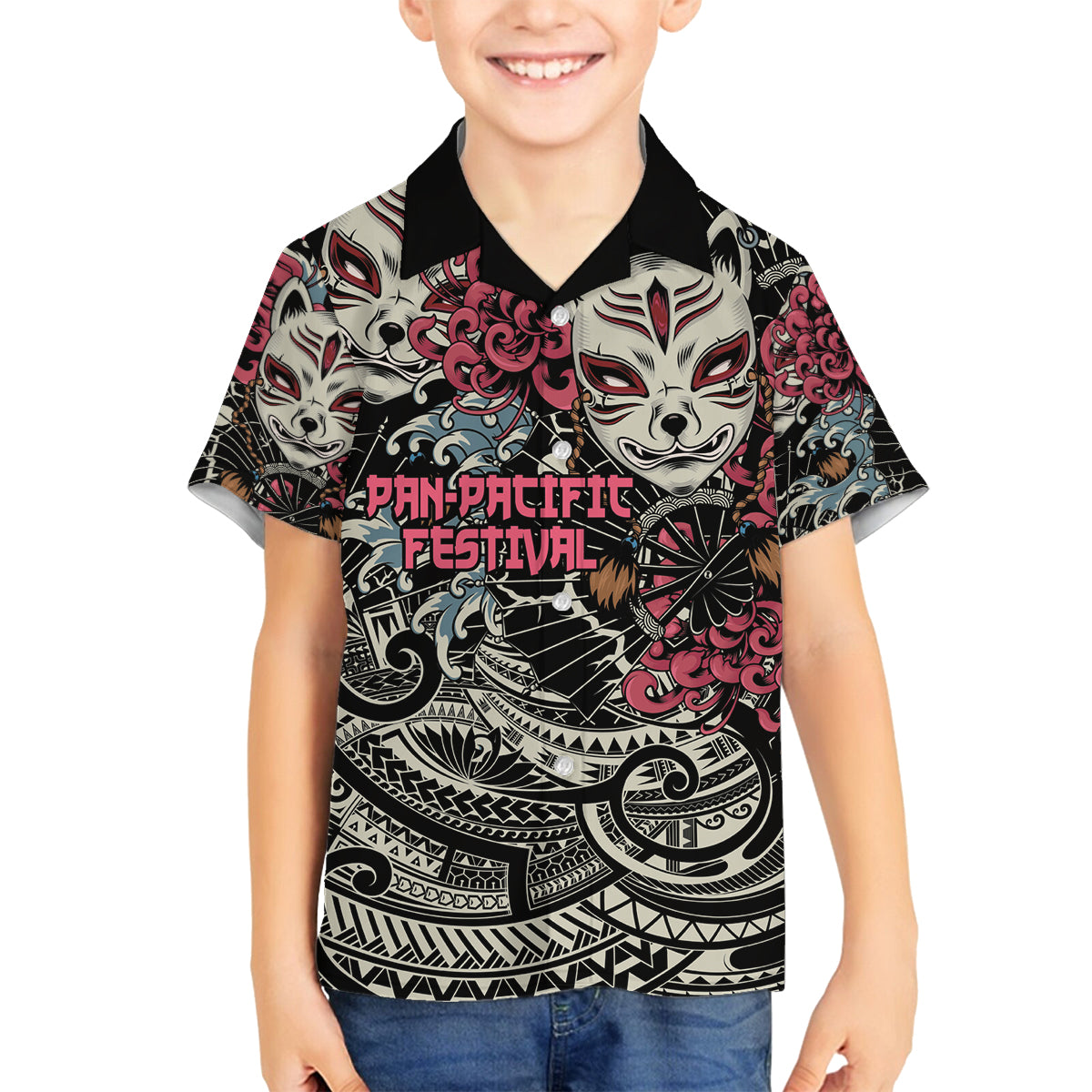 Personalized Japanese Kitsune Mask Family Matching Off Shoulder Maxi Dress and Hawaiian Shirt With Polynesian Arty Style LT9 Son's Shirt Black - Polynesian Pride