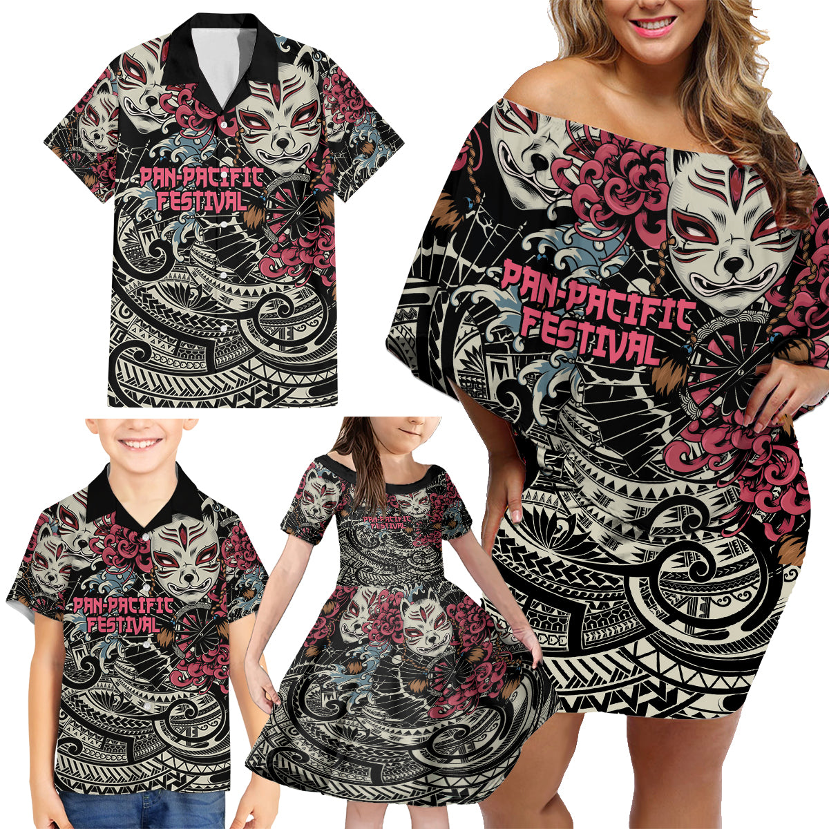 Personalized Japanese Kitsune Mask Family Matching Off Shoulder Short Dress and Hawaiian Shirt With Polynesian Arty Style LT9 - Polynesian Pride