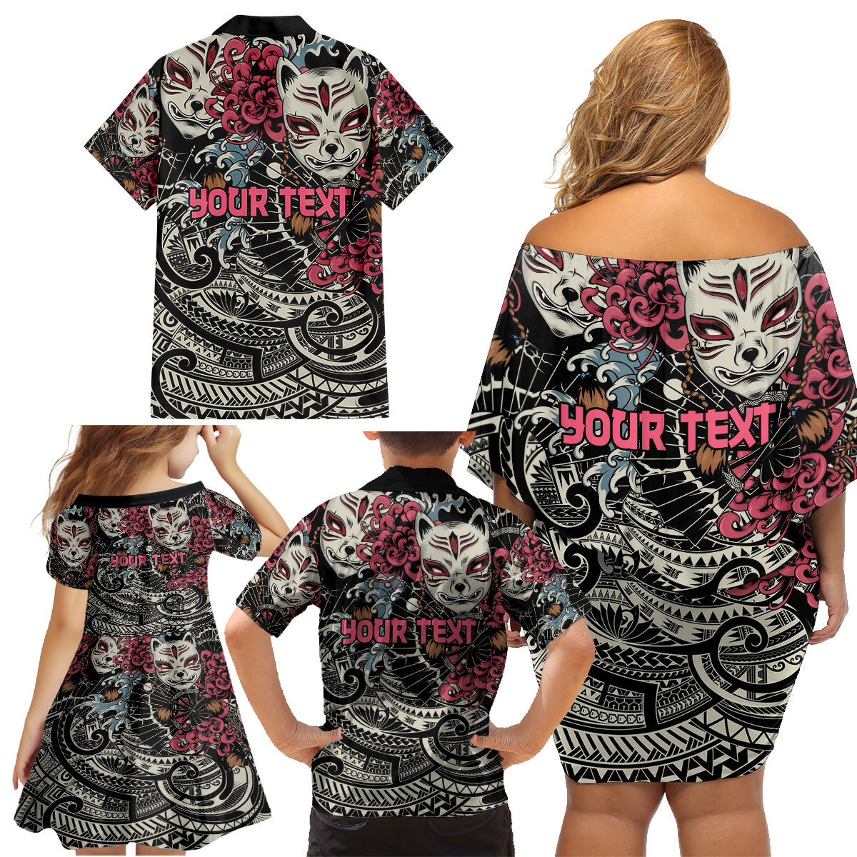 Personalized Japanese Kitsune Mask Family Matching Off Shoulder Short Dress and Hawaiian Shirt With Polynesian Arty Style LT9 - Polynesian Pride