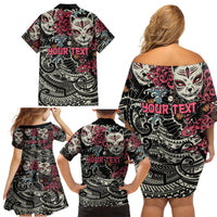 Personalized Japanese Kitsune Mask Family Matching Off Shoulder Short Dress and Hawaiian Shirt With Polynesian Arty Style LT9 - Polynesian Pride