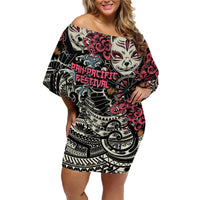 Personalized Japanese Kitsune Mask Family Matching Off Shoulder Short Dress and Hawaiian Shirt With Polynesian Arty Style LT9 Mom's Dress Black - Polynesian Pride