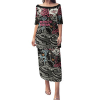 Personalized Japanese Kitsune Mask Family Matching Puletasi and Hawaiian Shirt With Polynesian Arty Style LT9 Mom's Dress Black - Polynesian Pride