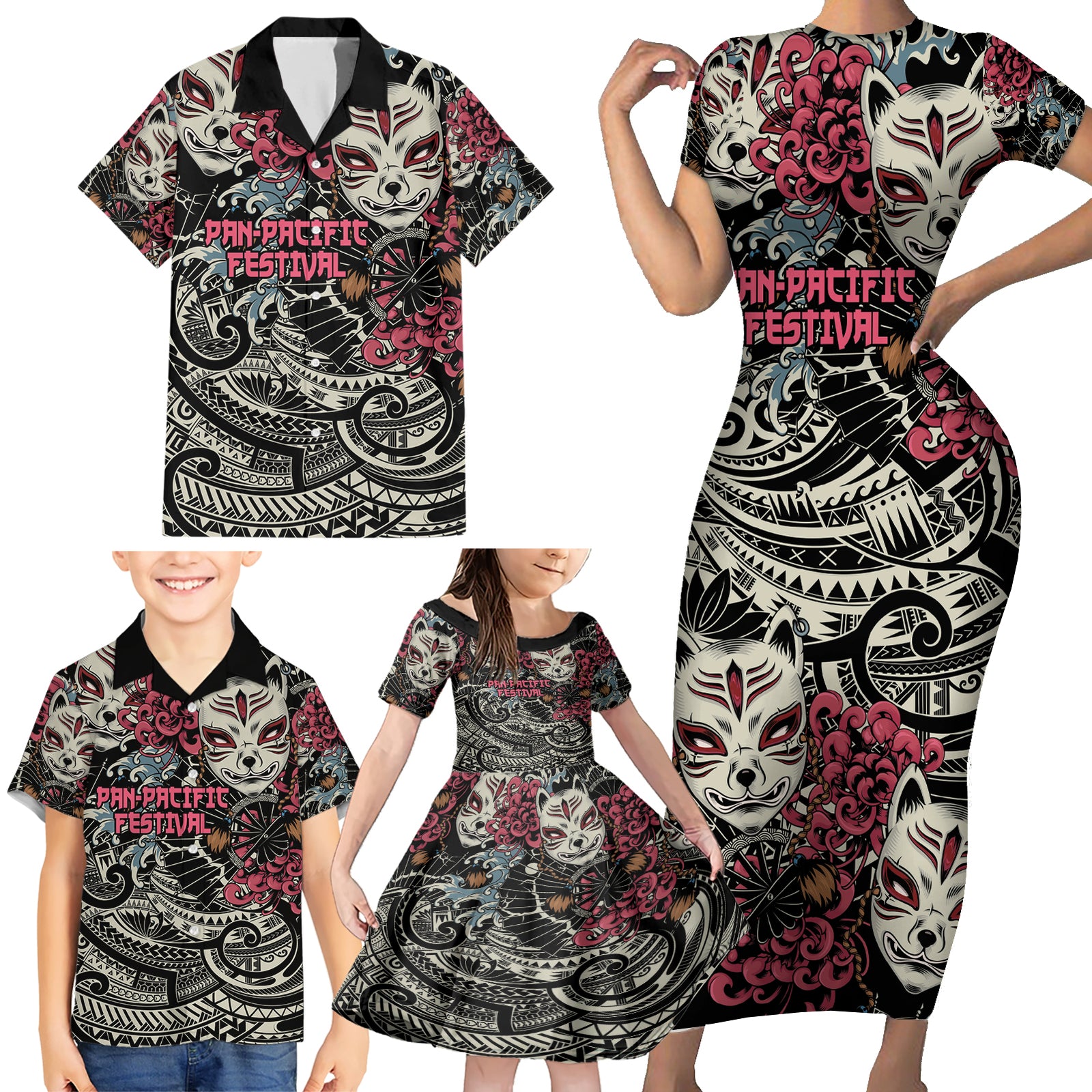 Personalized Japanese Kitsune Mask Family Matching Short Sleeve Bodycon Dress and Hawaiian Shirt With Polynesian Arty Style LT9 - Polynesian Pride
