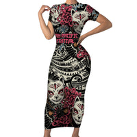 Personalized Japanese Kitsune Mask Family Matching Short Sleeve Bodycon Dress and Hawaiian Shirt With Polynesian Arty Style LT9 Mom's Dress Black - Polynesian Pride