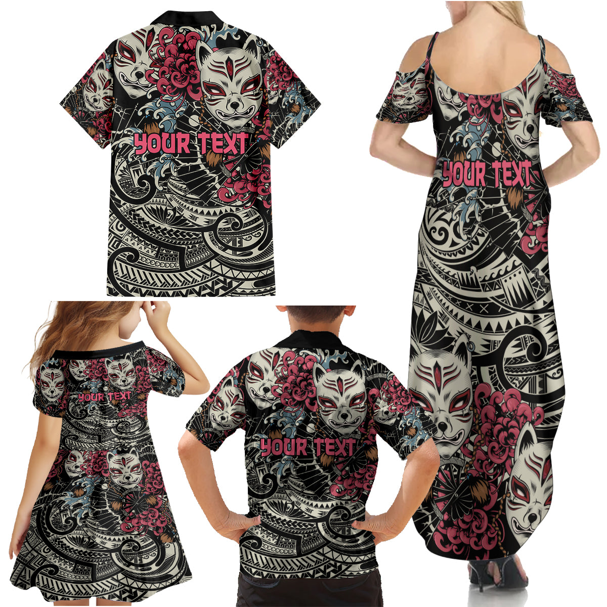 Personalized Japanese Kitsune Mask Family Matching Summer Maxi Dress and Hawaiian Shirt With Polynesian Arty Style LT9 - Polynesian Pride
