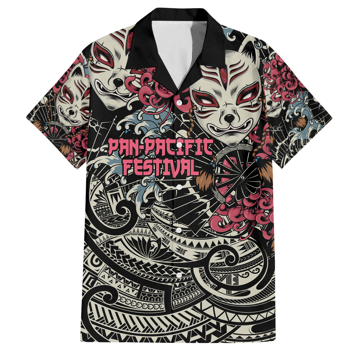 Personalized Japanese Kitsune Mask Family Matching Summer Maxi Dress and Hawaiian Shirt With Polynesian Arty Style LT9 Dad's Shirt - Short Sleeve Black - Polynesian Pride