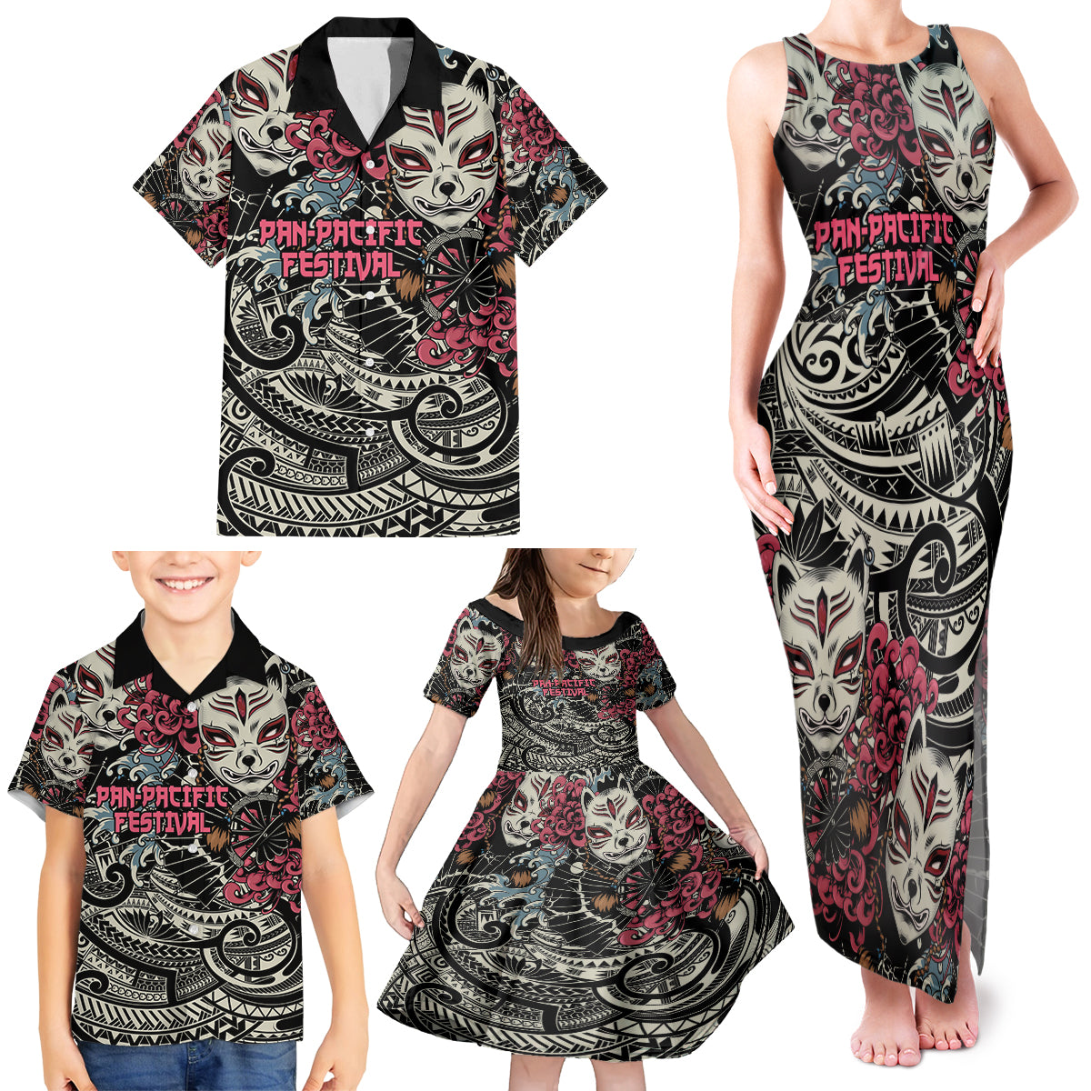 Personalized Japanese Kitsune Mask Family Matching Tank Maxi Dress and Hawaiian Shirt With Polynesian Arty Style LT9 - Polynesian Pride