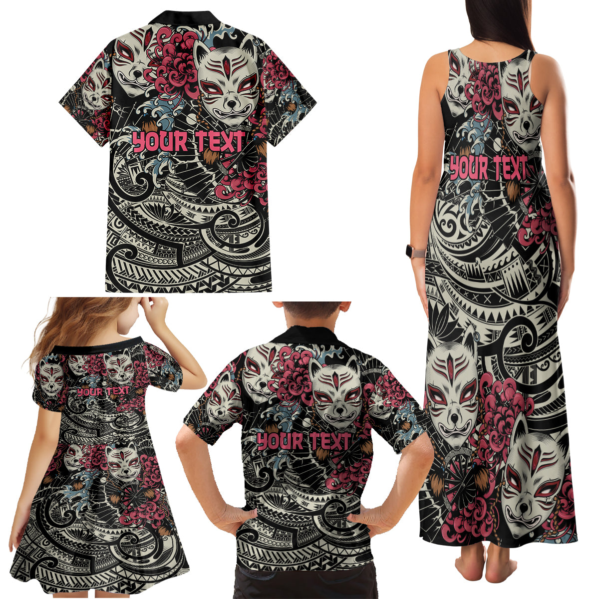 Personalized Japanese Kitsune Mask Family Matching Tank Maxi Dress and Hawaiian Shirt With Polynesian Arty Style LT9 - Polynesian Pride