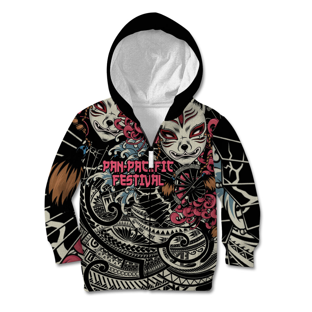 Personalized Japanese Kitsune Mask Kid Hoodie With Polynesian Arty Style