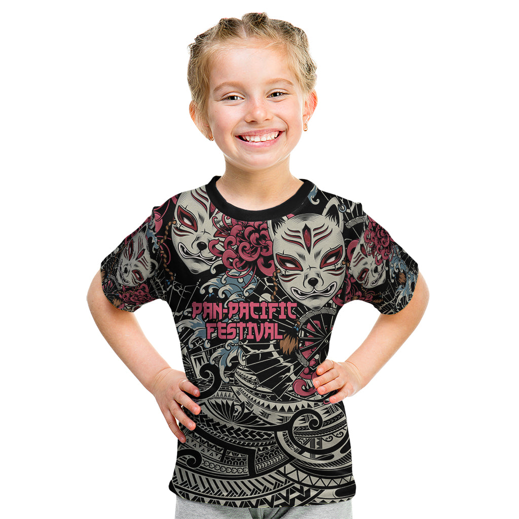 Personalized Japanese Kitsune Mask Kid T Shirt With Polynesian Arty Style LT9 Black - Polynesian Pride