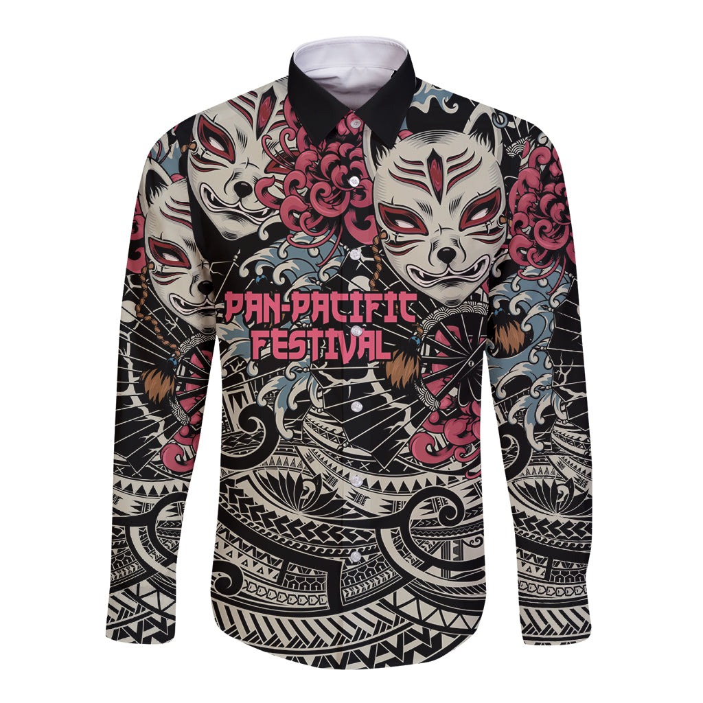 Personalized Japanese Kitsune Mask Long Sleeve Button Shirt With Polynesian Arty Style