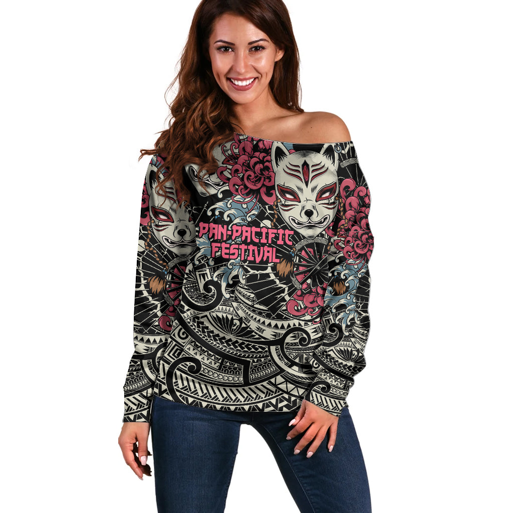 Personalized Japanese Kitsune Mask Off Shoulder Sweater With Polynesian Arty Style
