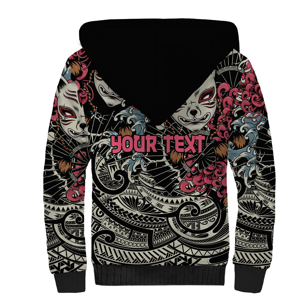 Personalized Japanese Kitsune Mask Sherpa Hoodie With Polynesian Arty Style