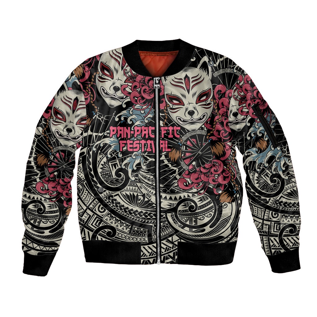 Personalized Japanese Kitsune Mask Sleeve Zip Bomber Jacket With Polynesian Arty Style