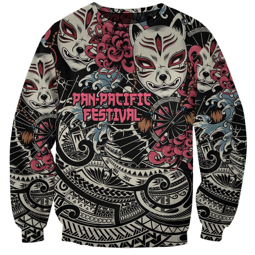 Personalized Japanese Kitsune Mask Sweatshirt With Polynesian Arty Style LT9 Unisex Black - Polynesian Pride