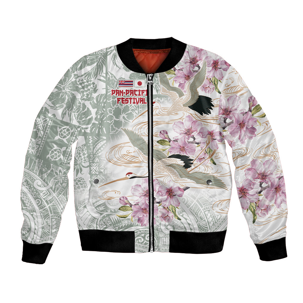 Personalized Japanese Shirasagi Bird Bomber Jacket Sakura and Hibiscus Polynesian Pattern