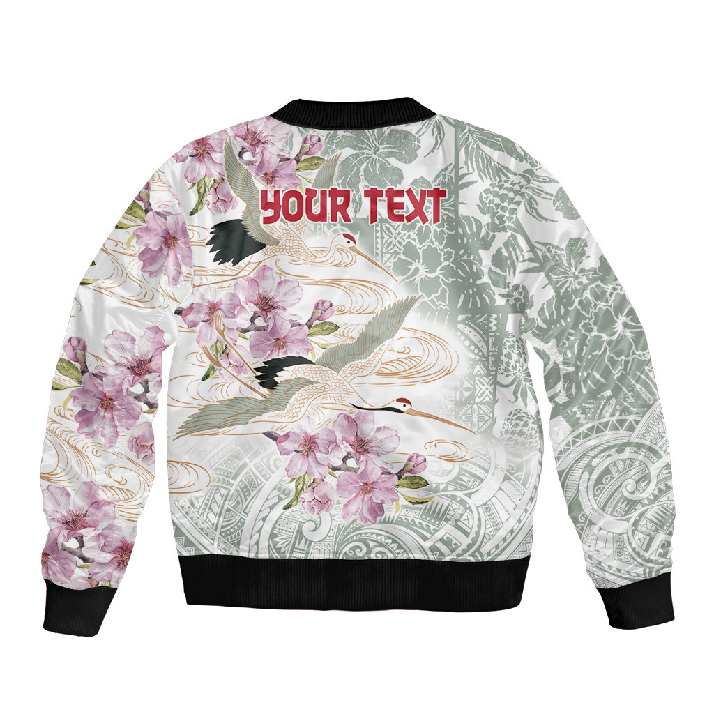 Personalized Japanese Shirasagi Bird Bomber Jacket Sakura and Hibiscus Polynesian Pattern