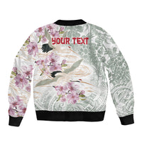 Personalized Japanese Shirasagi Bird Bomber Jacket Sakura and Hibiscus Polynesian Pattern