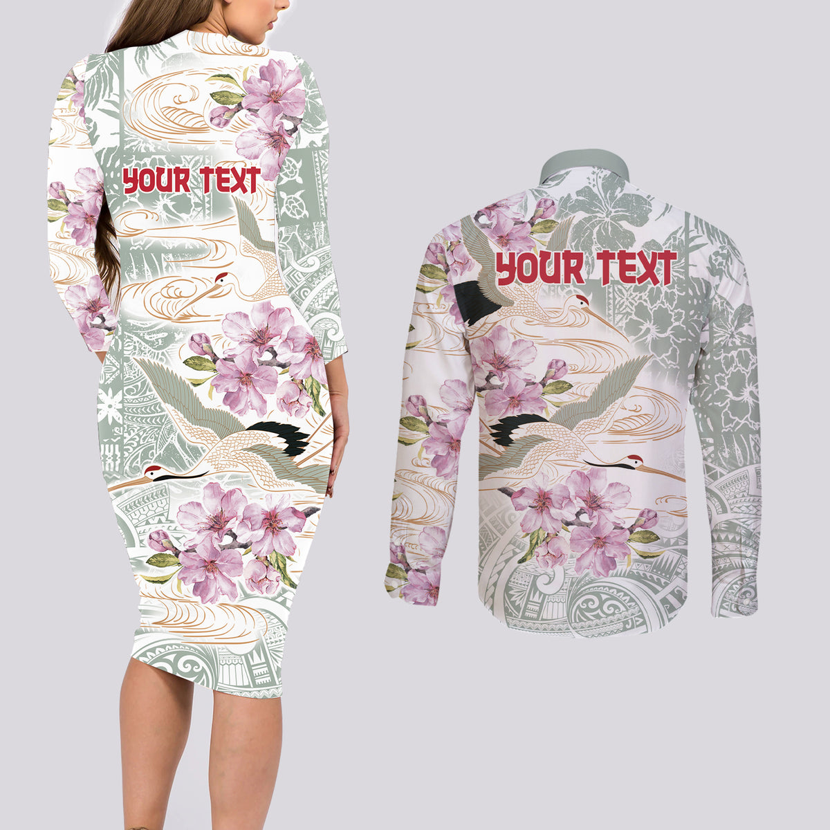 Personalized Japanese Shirasagi Bird Couples Matching Long Sleeve Bodycon Dress and Long Sleeve Button Shirt Sakura and Hibiscus Polynesian Pattern LT9 - Polynesian Pride