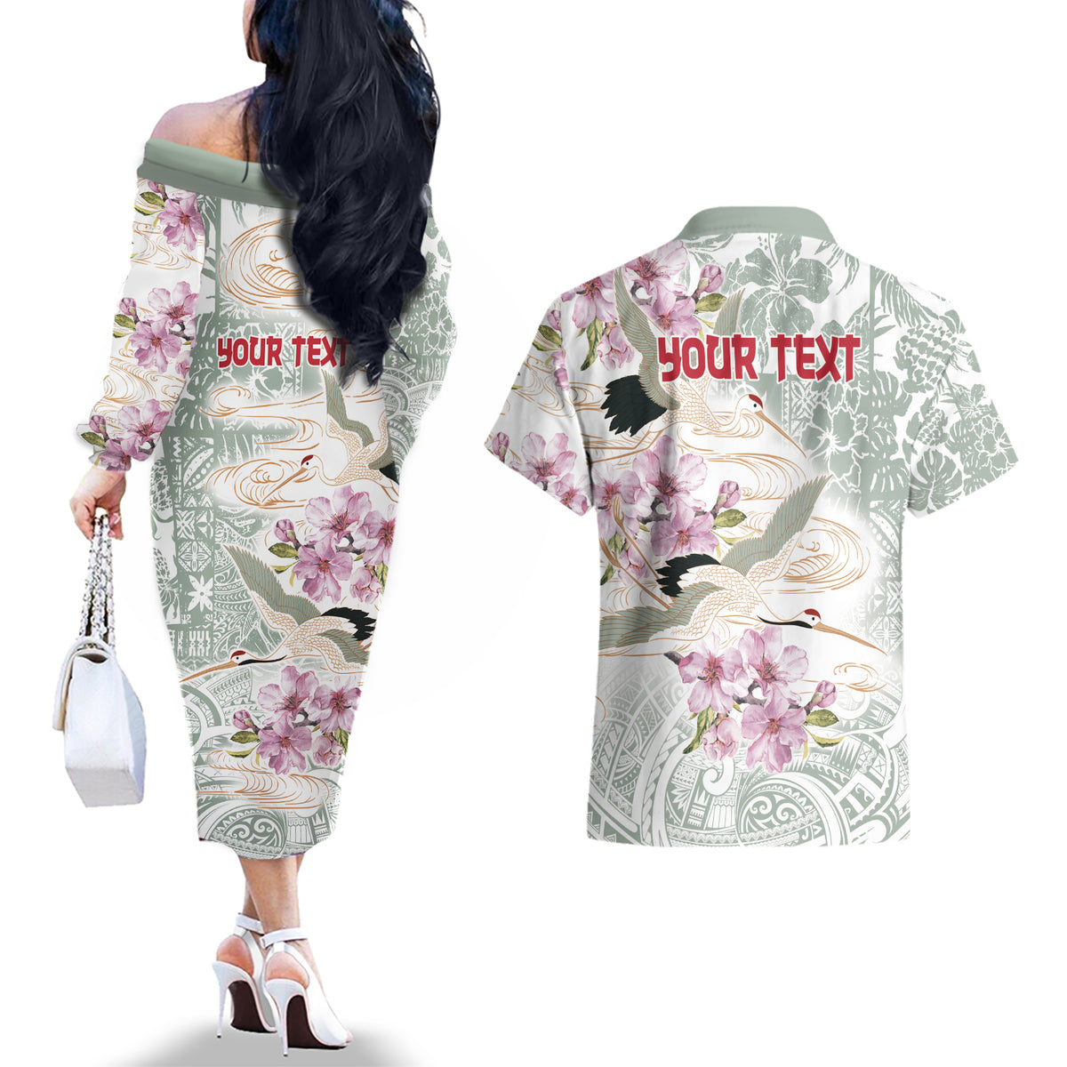 Personalized Japanese Shirasagi Bird Couples Matching Off The Shoulder Long Sleeve Dress and Hawaiian Shirt Sakura and Hibiscus Polynesian Pattern