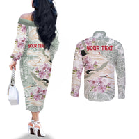 Personalized Japanese Shirasagi Bird Couples Matching Off The Shoulder Long Sleeve Dress and Long Sleeve Button Shirt Sakura and Hibiscus Polynesian Pattern LT9 - Polynesian Pride