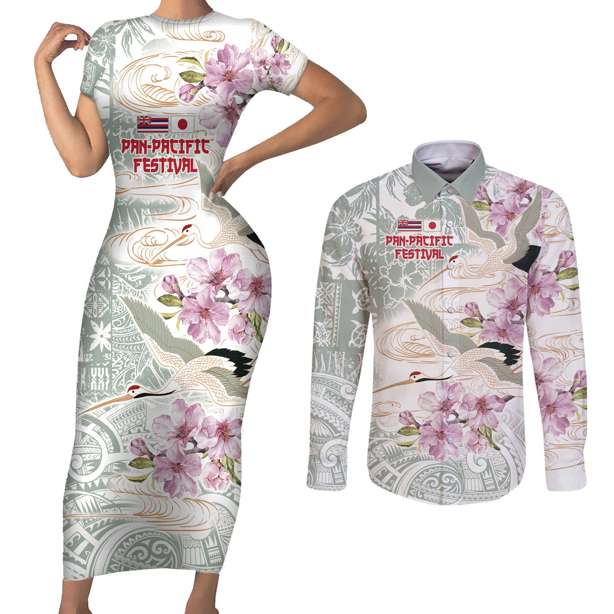 Personalized Japanese Shirasagi Bird Couples Matching Short Sleeve Bodycon Dress and Long Sleeve Button Shirt Sakura and Hibiscus Polynesian Pattern LT9 White - Polynesian Pride
