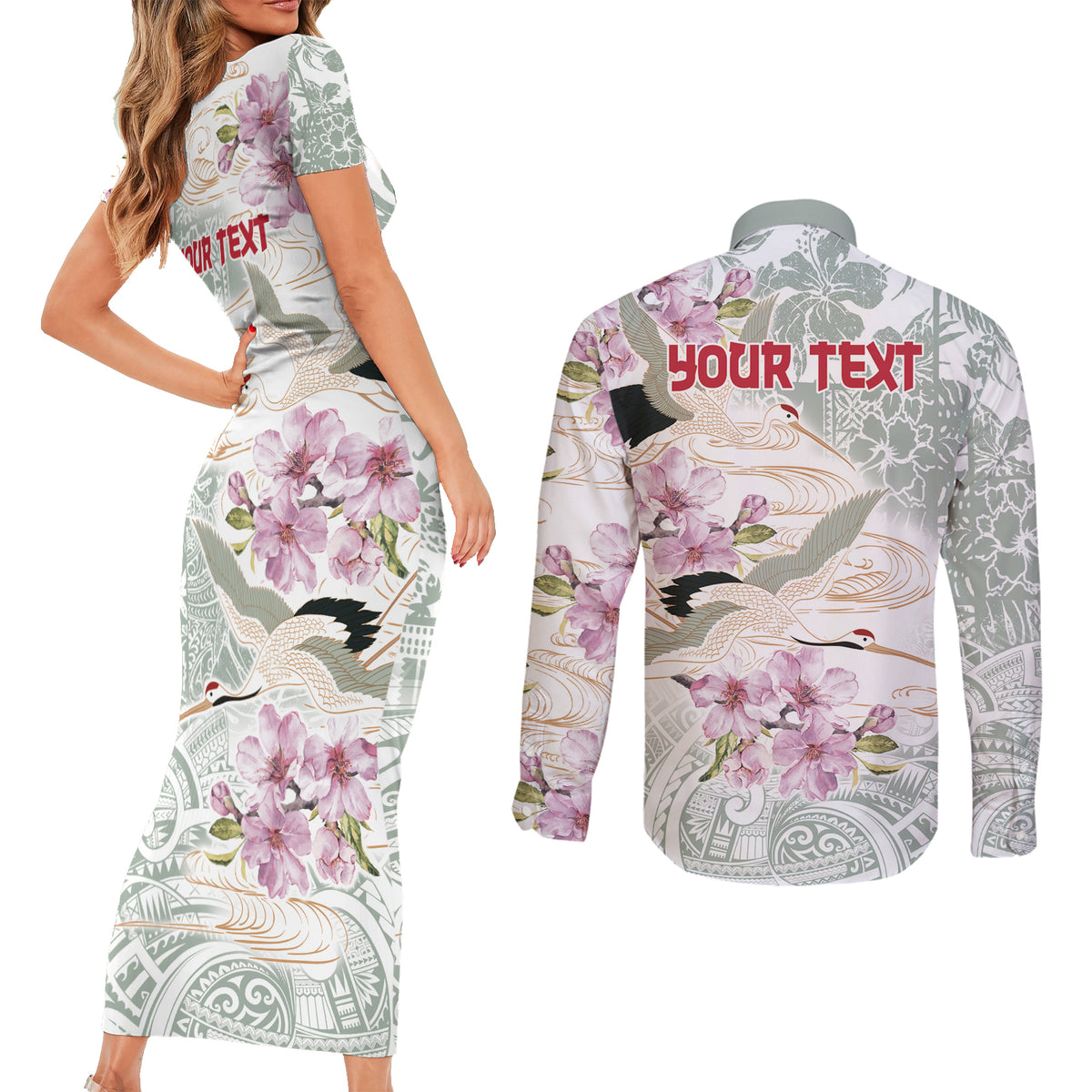 Personalized Japanese Shirasagi Bird Couples Matching Short Sleeve Bodycon Dress and Long Sleeve Button Shirt Sakura and Hibiscus Polynesian Pattern LT9 - Polynesian Pride
