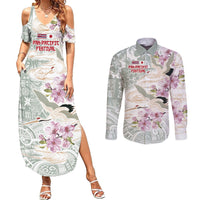Personalized Japanese Shirasagi Bird Couples Matching Summer Maxi Dress and Long Sleeve Button Shirt Sakura and Hibiscus Polynesian Pattern