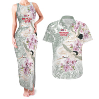 Personalized Japanese Shirasagi Bird Couples Matching Tank Maxi Dress and Hawaiian Shirt Sakura and Hibiscus Polynesian Pattern LT9 White - Polynesian Pride