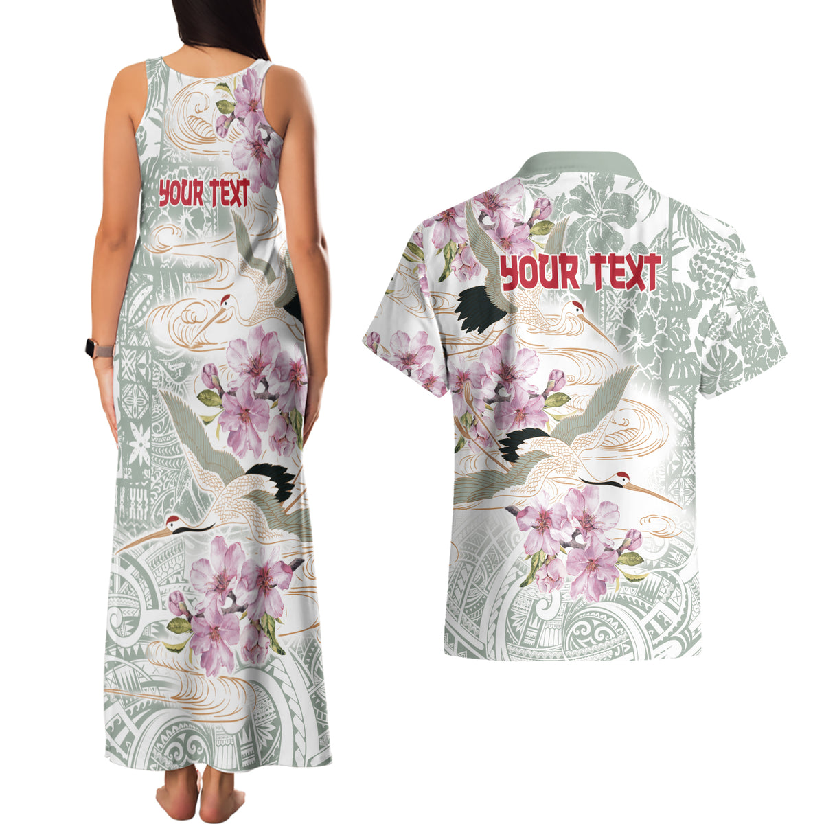 Personalized Japanese Shirasagi Bird Couples Matching Tank Maxi Dress and Hawaiian Shirt Sakura and Hibiscus Polynesian Pattern LT9 - Polynesian Pride