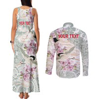 Personalized Japanese Shirasagi Bird Couples Matching Tank Maxi Dress and Long Sleeve Button Shirt Sakura and Hibiscus Polynesian Pattern