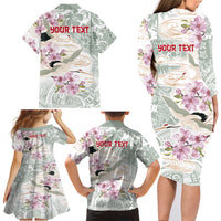 Personalized Japanese Shirasagi Bird Family Matching Long Sleeve Bodycon Dress and Hawaiian Shirt Sakura and Hibiscus Polynesian Pattern