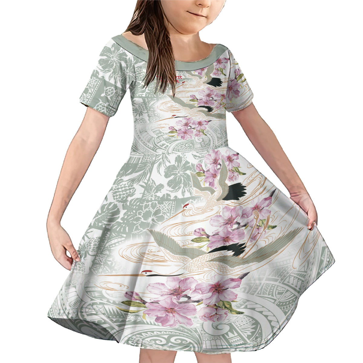 Personalized Japanese Shirasagi Bird Family Matching Mermaid Dress and Hawaiian Shirt Sakura and Hibiscus Polynesian Pattern LT9 Daughter's Dress White - Polynesian Pride